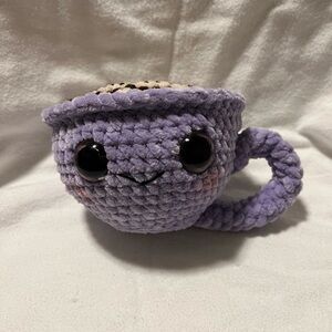 Handmade crocheted purple hot chocolate mug